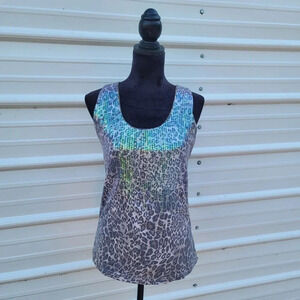 Miroa Women’s Gray Leopard Sequin Sleeveless Top Blouse Size L Partly Lined